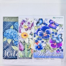 Decorative Burlap Garden Flag Welcome Flowers Spring 12.5" x 18" Set of 3