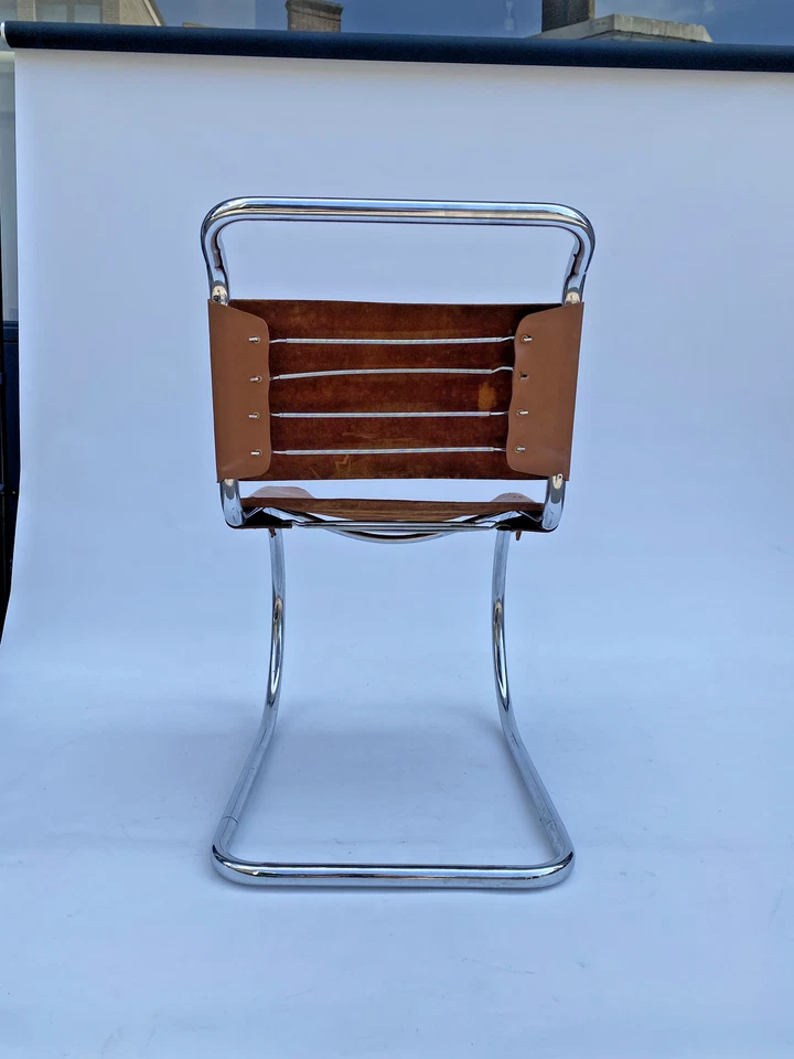 Silla de comedor Mies van der Rohe MR10 años 60 mediados de siglo cuero cromado Art Deco Foto 4 de 4