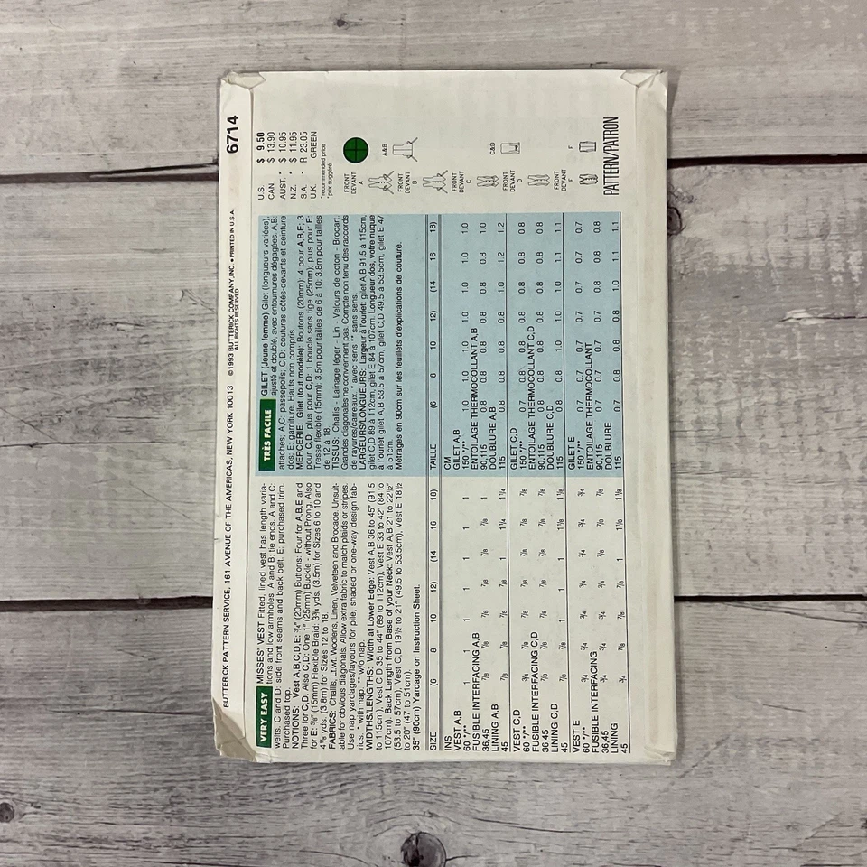 Butterick 6714 Sewing Pattern Lined Vest Misses Sizes 6-12 UNCUT  - Image 2 of 4