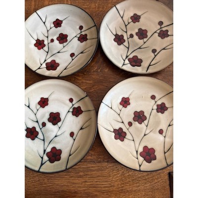 Pfaltzgraff Studio Aster Salad Plates Set of 4 Red Cherry Blossom Tan11''