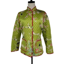 Anne Carson Women's M Green 100% Silk Quilted Floral Jacket Button Closure