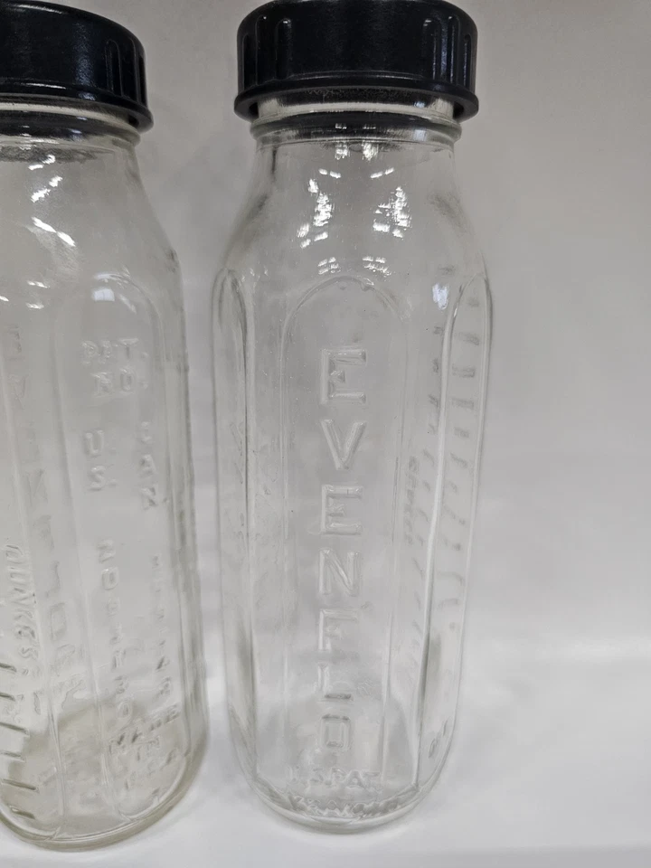 LOTE VINTAGE EVENFLO BIBERONES DE VIDRIO PARA BEBÉ 8 OZ. JUEGO DE 6 TAPAS EN RELIEVE CON TAPAS Foto 2 de 3