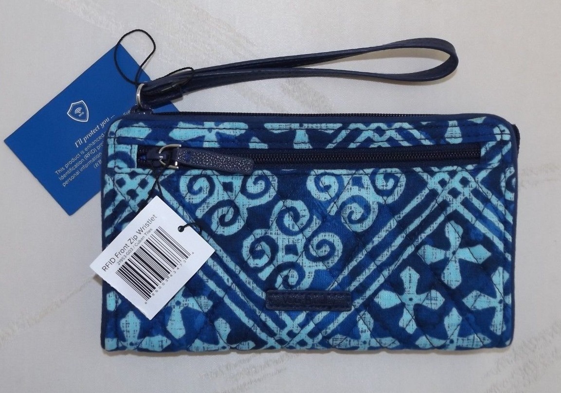 画像 VERA BRADLEY Front Zip Wristlet Wallet - Cuban Tiles Blue Phone
