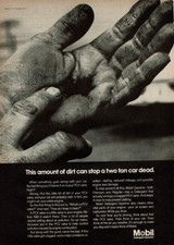 1968 Vintage Print Ad Mobil hands This amount of dirt can stop two ton car dead