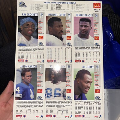 1993 Lions NFL Game Day Cards Mcdonalds Limited Edition Un-Cut