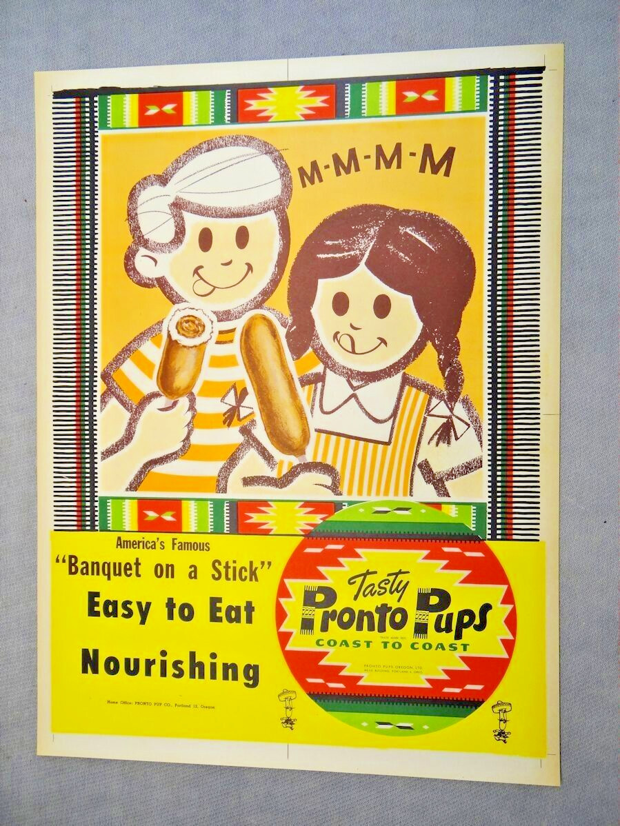 Original 1960's Pronto Pups Poster Fast Food, Corn Dog, Hot Dog Kids  13"X17"NOS
