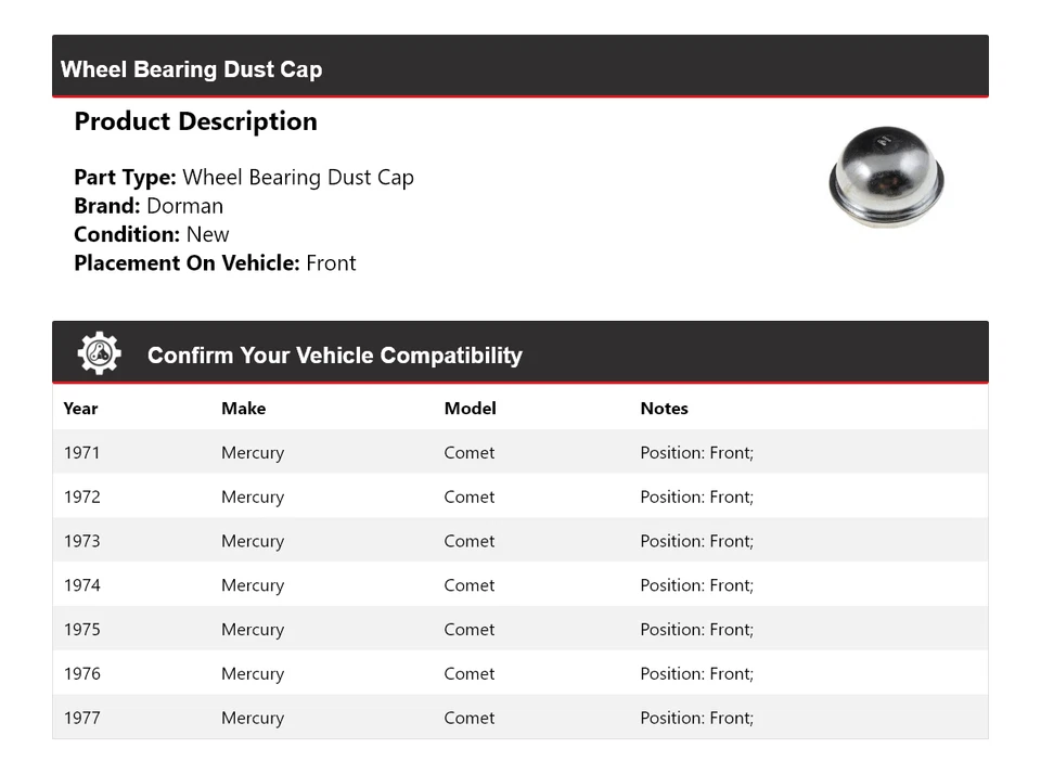 For 1971-1977 Mercury Comet Dorman Wheel Bearing Dust Cap Front 1972 1973 1974 - Image 2 of 4