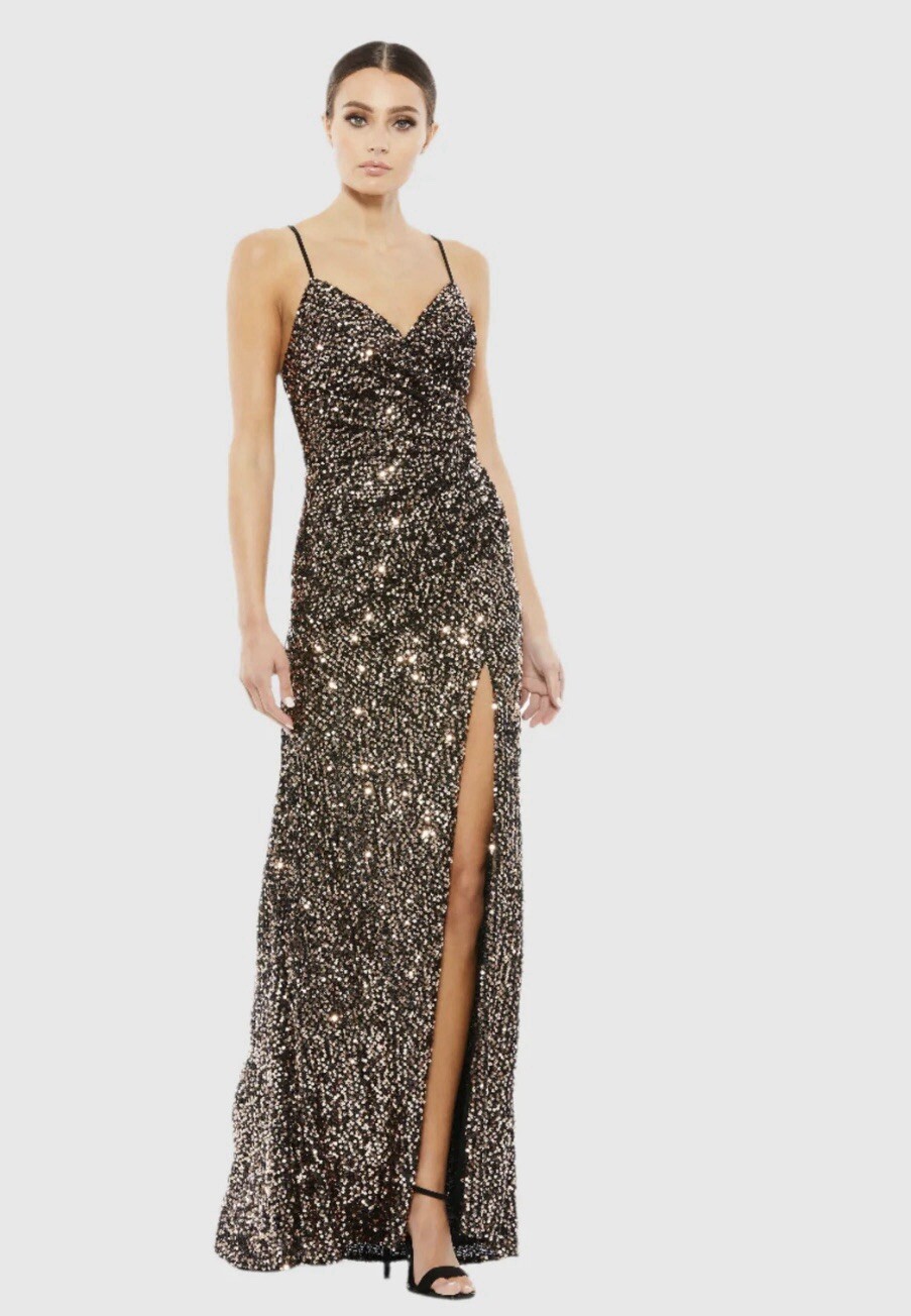 Mac Duggal Womens Black and Brown Gathered Waist Sequin Gown Size 6