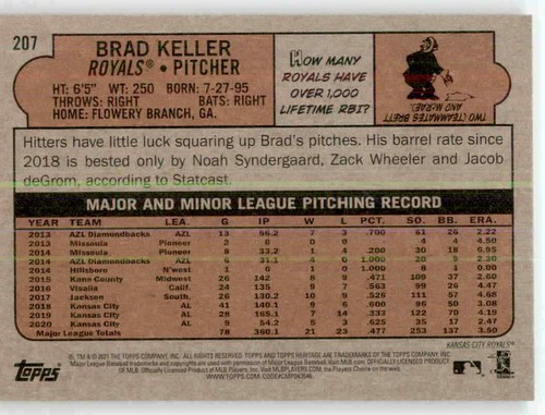 Tarjeta base Heritage Brad Keller MLB 2021 PWE Royals #207 - Imagen 2 de 2