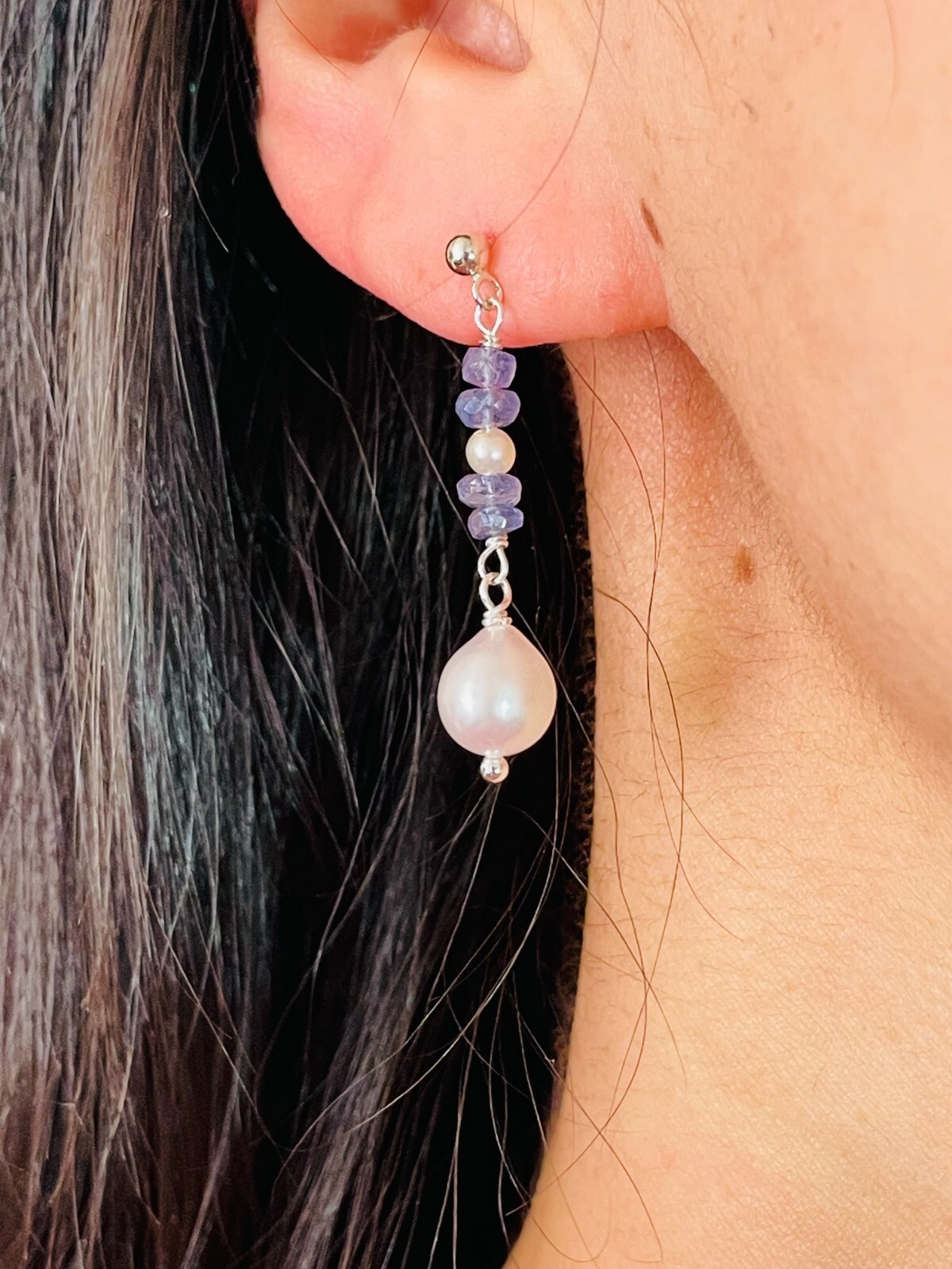 Boucles d'oreilles en argent massif 1648 ornées de tanzanite de joaillerie et perles