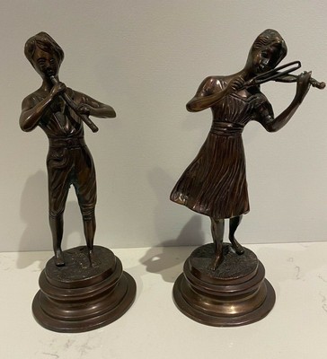 Cast Brass Bronze Figures Boy Playing A Flute Girl Playing Violin Set Ebay