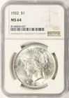 1922 Peace Silver Dollar $1 NGC MS64