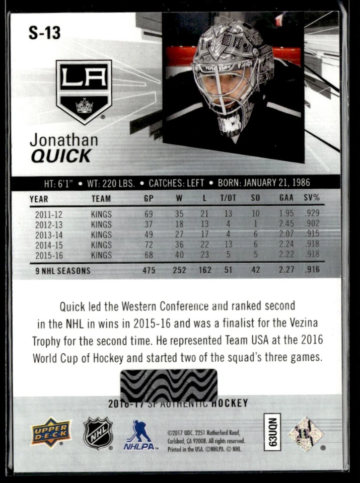 2016-17 SP Authentic Spectrum FX Jonathan Quick #S-13 - Image 2 of 2