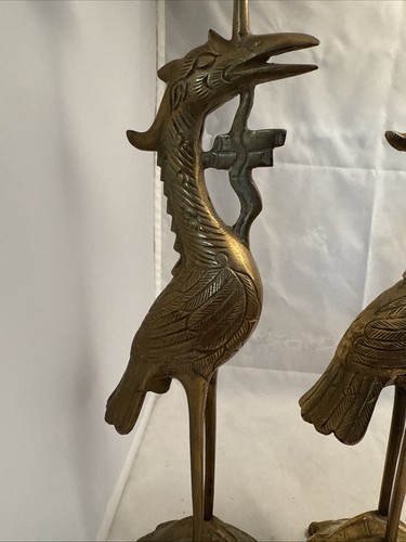 Juego de 2 grúas japonesas antiguas de latón macizo de pie sobre candelabro tortuga - Imagen 18 de 24