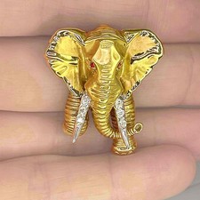 OOAK Solid 14k Gold Elephant Pin Pendant Natural Ruby Eyes Diamond Tusks!