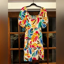 EUC Tabitha Brown Size Large Colorful Leaf Print Tiered  Dress Smocked Back