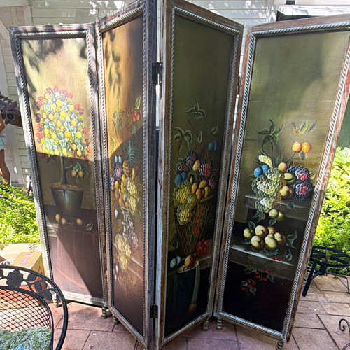 4-Panel Foldable Wood Room Divider Screen, Freestanding Floral Fruit Decor
