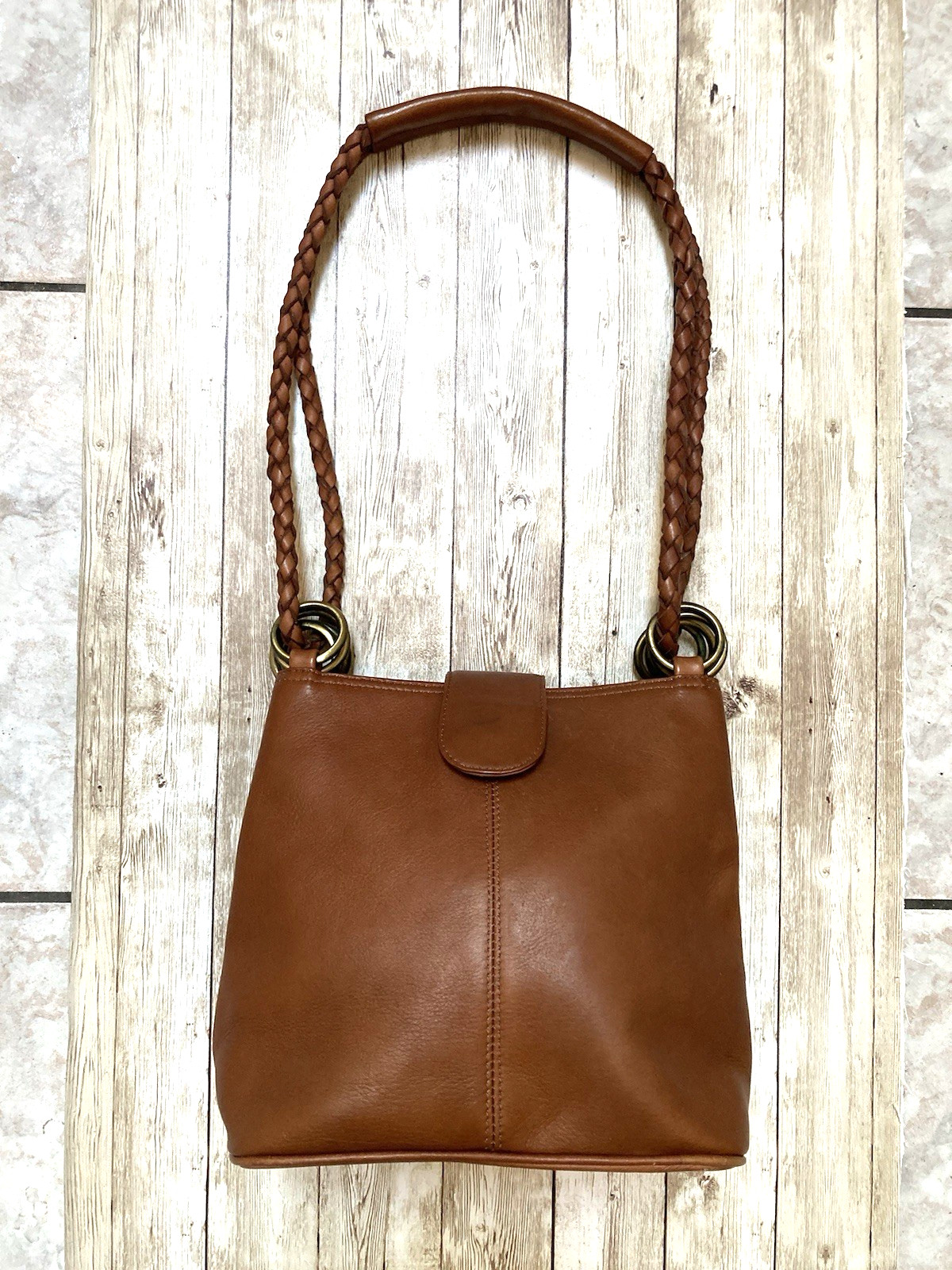 Brown Leather Satchel Handbag Shoulder Weave Purse Strap Columbia Vintage
