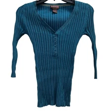 HOOKED UP Jade Green Y2K fitted ribbed 3/4 sleeve Henley sz