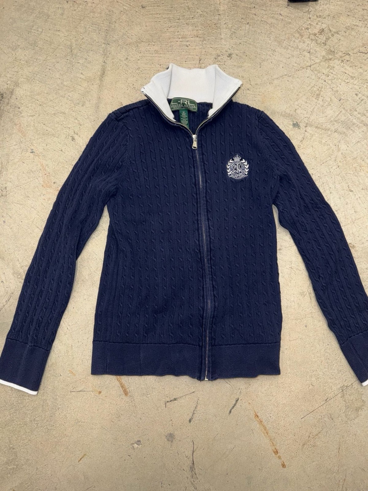 Lauren Ralph Lauren Active Navy Blue Cable Knit Full-Zip Sweater with Crest Logo