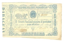 ND (1865) Paraguay El Tesoro Nacional 2 Pesos Note P-22 (64966)