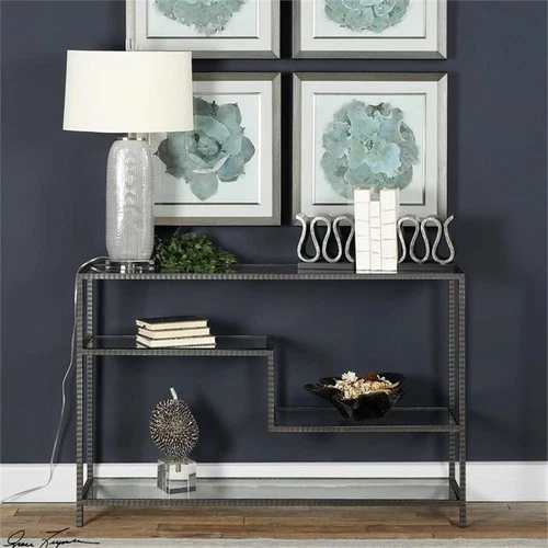 Uttermost Leo Iron and Glass Accent Console Table in Aged Gunmetal Gray - Picture 5 of 7