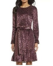 Michael Kors Womens Velvet Dress Medium Purple Ruffled Long Sleeve Tie Jacquard