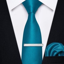 Skinny Ties for Men 2.4" Satin Slim Teal Blue Necktie with Pocket Square Tie ...