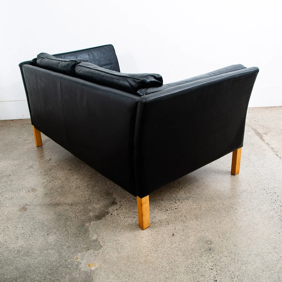 Mid Century Danish Modern Sofa Couch 2 Seat Borge Mogensen Leather Black Settee - Image 3 of 4