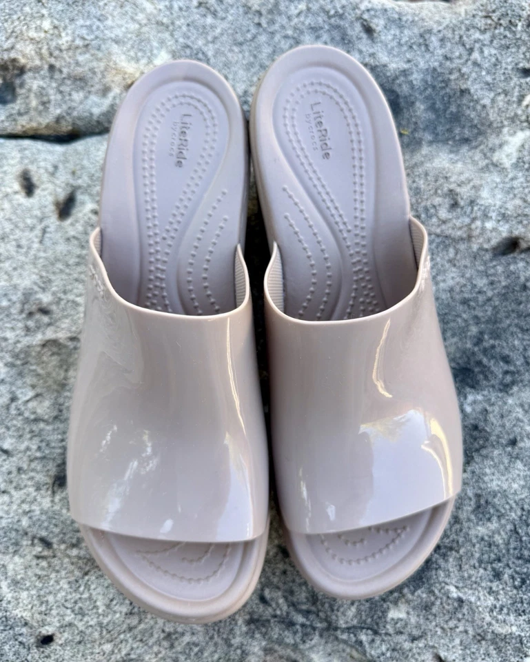 Crocs LiteRide Brooklyn Slide High Shine Taupe Chunky Heel Sandals Size W9 Y2K - Image 2 of 4