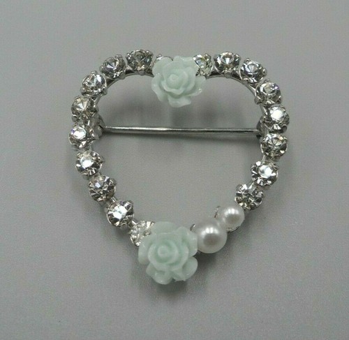 Krementz signierte Herz Brosche weiß GP Strass Kunstperle Harz Rose Floral - Bild 1 von 7