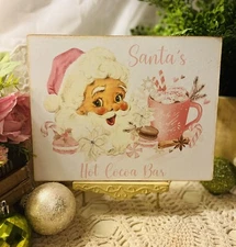 Pink Retro Santa,  Santa's Hot Cocoa Bar Pink Christmas Handcrafted Plaque  Sign