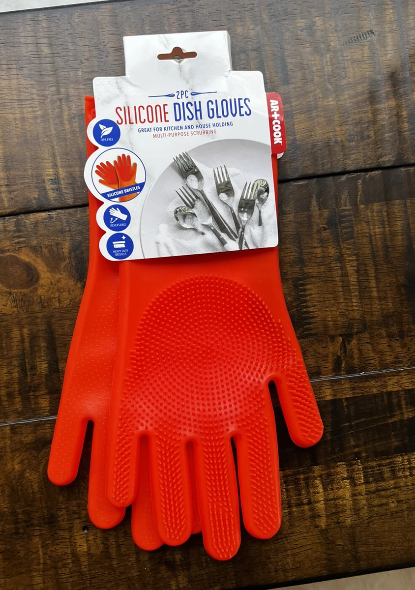 Art Cook Piece SET Silicone Scrubbing Dish Gloves Bristles on Palm Orange