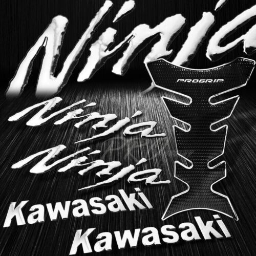 Chrome/Black Pro Fuel Tank Pad+8" Kawasaki Logo Emblem+Ninja Fender Stickers Kit - Picture 1 of 7