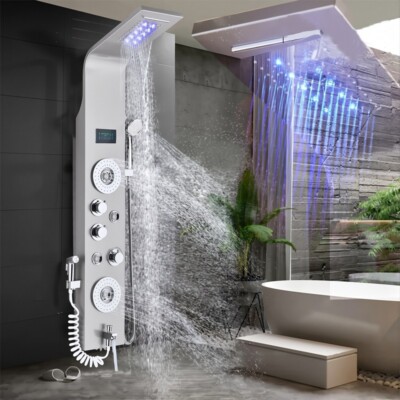 LED Shower Panel Tower System Rain&Waterfall Massage Jet Mixer Stainless Steel