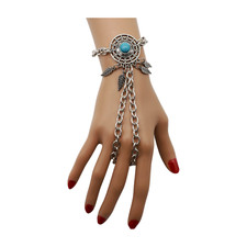 Women Silver Metal Hand Chain Wrist Bracelet Connected Ring Turquoise Blue Bead