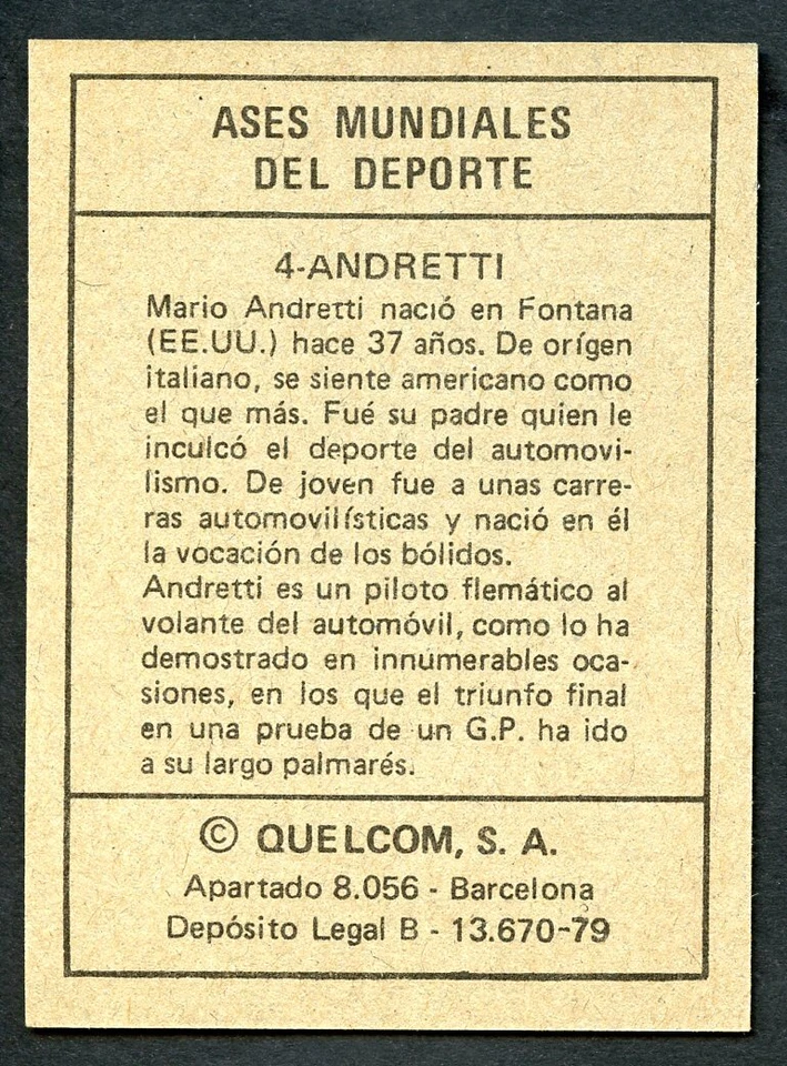 1979 QUELCOM ASES MUNDIALES DEL DEPORTE #4 Mario Andretti S.A. CARD - Image 2 of 2