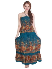 Size:S - XL GREEN Smocked Halter Maxi Flower Sundress Bohemian Hippie Backless