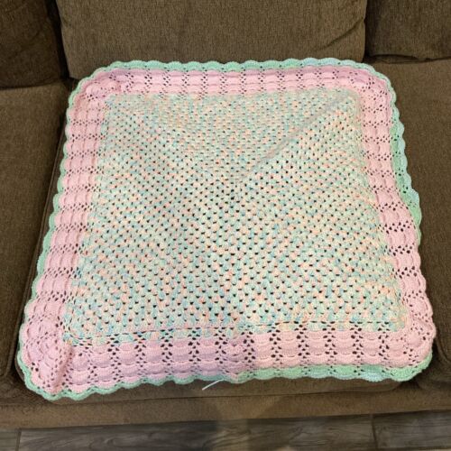 Handmade Crochet Baby Blanket Afghan Multicolor Scalloped Edges- New 28" X 28"