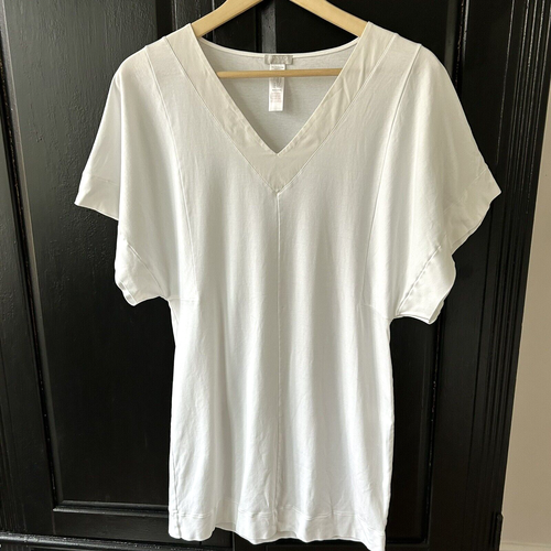Hanro of Switzerland Tunika Top V-Ausschnitt Gr. XS knackig weiß Baumwolle Seide Besatz Kleid