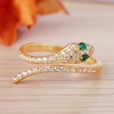 Emerald Moissanite Snake Ring, 925 Sterling Silver Bypass Serpent Band Ring