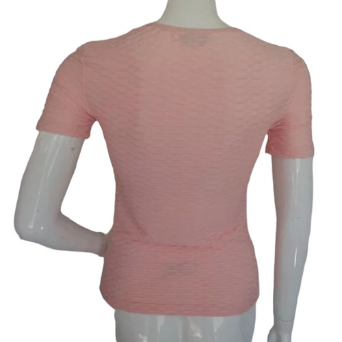 BEBE Top, S, Pink Textured Activewear, Rhinestone LOGO, Keyhole, Short sleeves - Picture 8 of 12