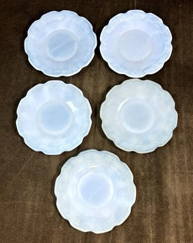 Jeanette Cherry Blossom Delphite Group of 5 Bread and Butter Plates Blue Glass