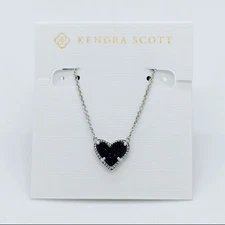 New Kendra Scott Ari Heart Silver Necklace in Black Drusy