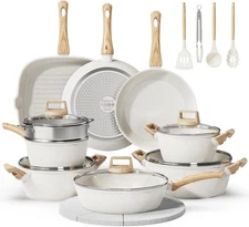 24 Pcs Pots and Pans Set, Non Stick Ceramic Large 24Pcs Set White 