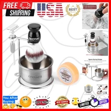 Elegant Shaving Brush and Stainless Steel Stand with Sandalwood Soap Puck Refill