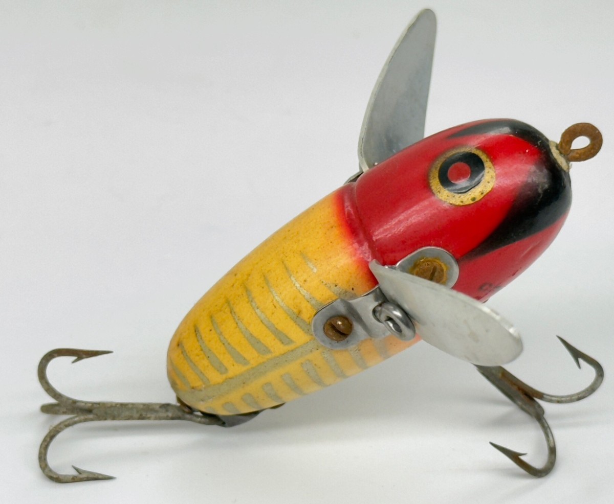 Vintage 1940's HEDDON Crazy Crawler Red White Wood Body Metal