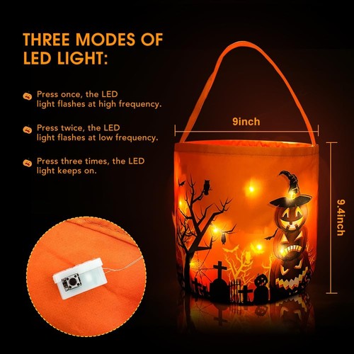 2 Pieces Halloween Candy Bucket with LED Light Trick or Treat Bags Halloween ... - Picture 3 of 6