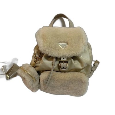 PRADA Re-Nylon & Shearling Rucksack - Beige, mit Tasche (JP)