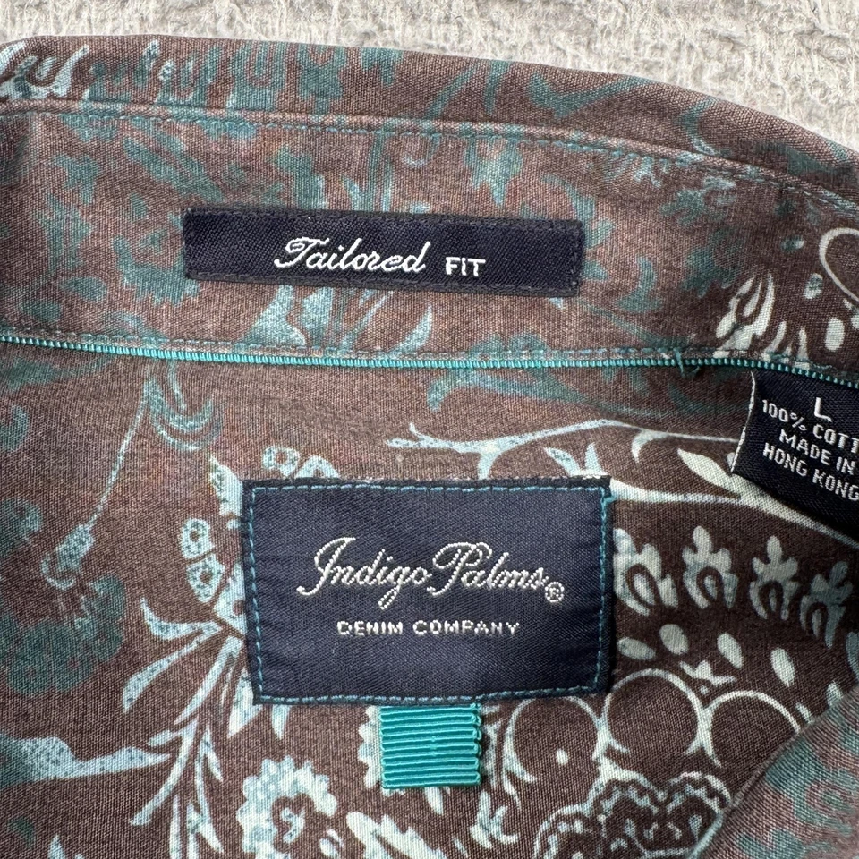 Indigo Palms Shirt Mens Large Brown Blue Tailored Fit Floral Button Up Casual - Image 2 of 4